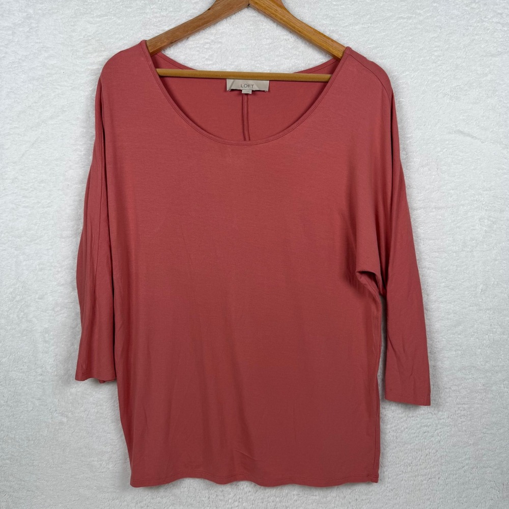 LOFT‎ Knit Top Women Large Pink Solid 3/4 Sleeve Scoop Neck 28-336843